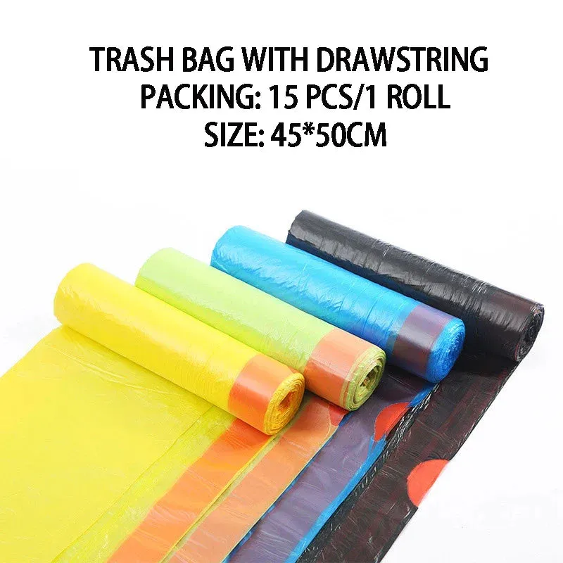 1Roll   Trash Bags Garbage Bag Storage Kitchen Garbage Box 15pcs/roll Household Disposable PE Drawstring Handles