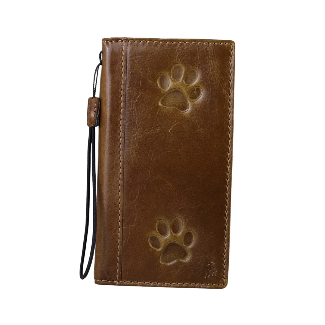 ARICHI Genuine Leather Dog Paw Case for Google Pixel – Handmade Tan Cover with Stamped Dog Paw Design & Card Slots