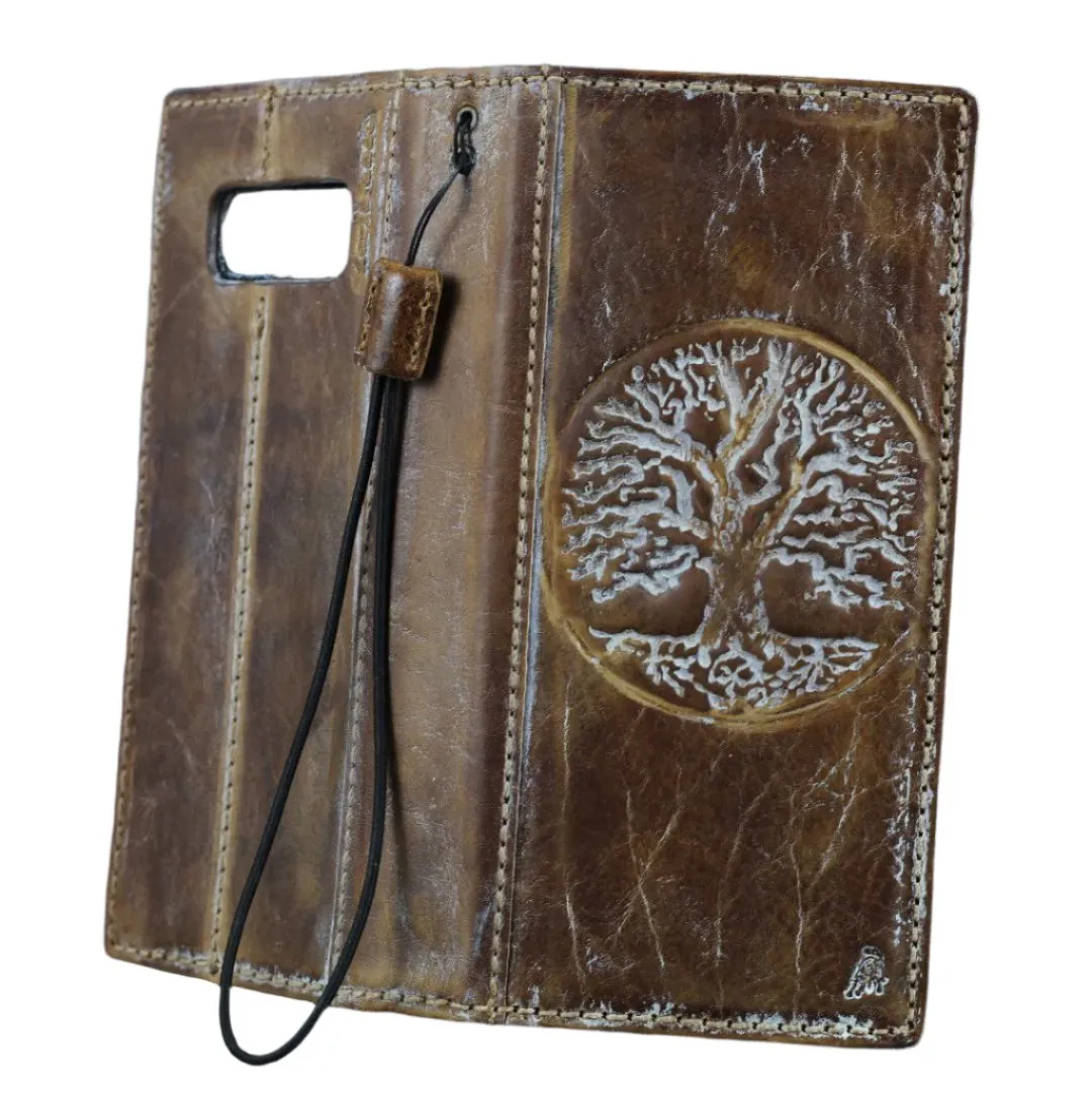 ARICHI Genuine Vintage Leather Wallet Phone Case for Google Pixel 4-9 Pro XL | Handmade Book-Style Cover with white Tree Of Life Embossing