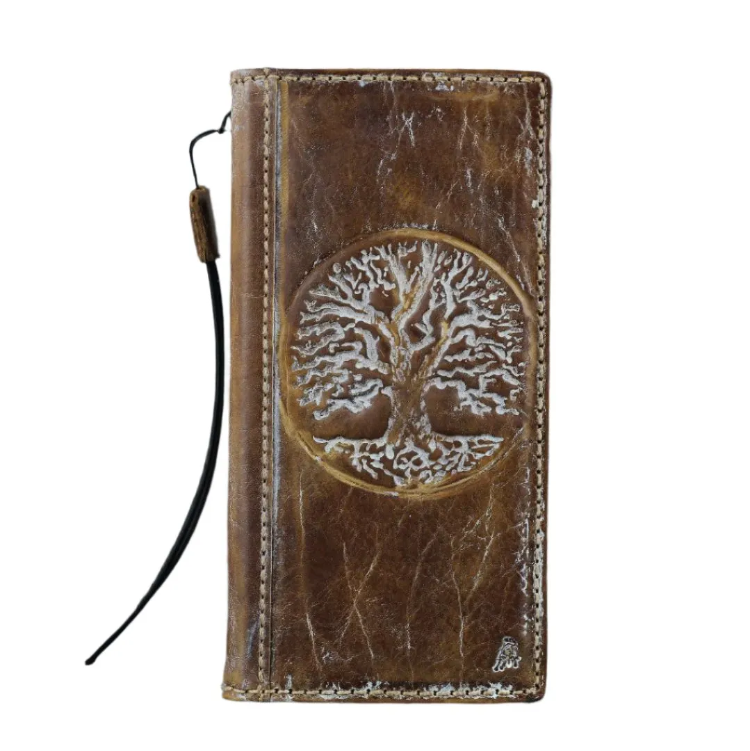 ARICHI Vintage Genuine Leather Wallet Case for Samsung Galaxy S20 to S25 Ultra, Note, Z Fold | Handmade Book-Style Cover with White Tree of life Stamping