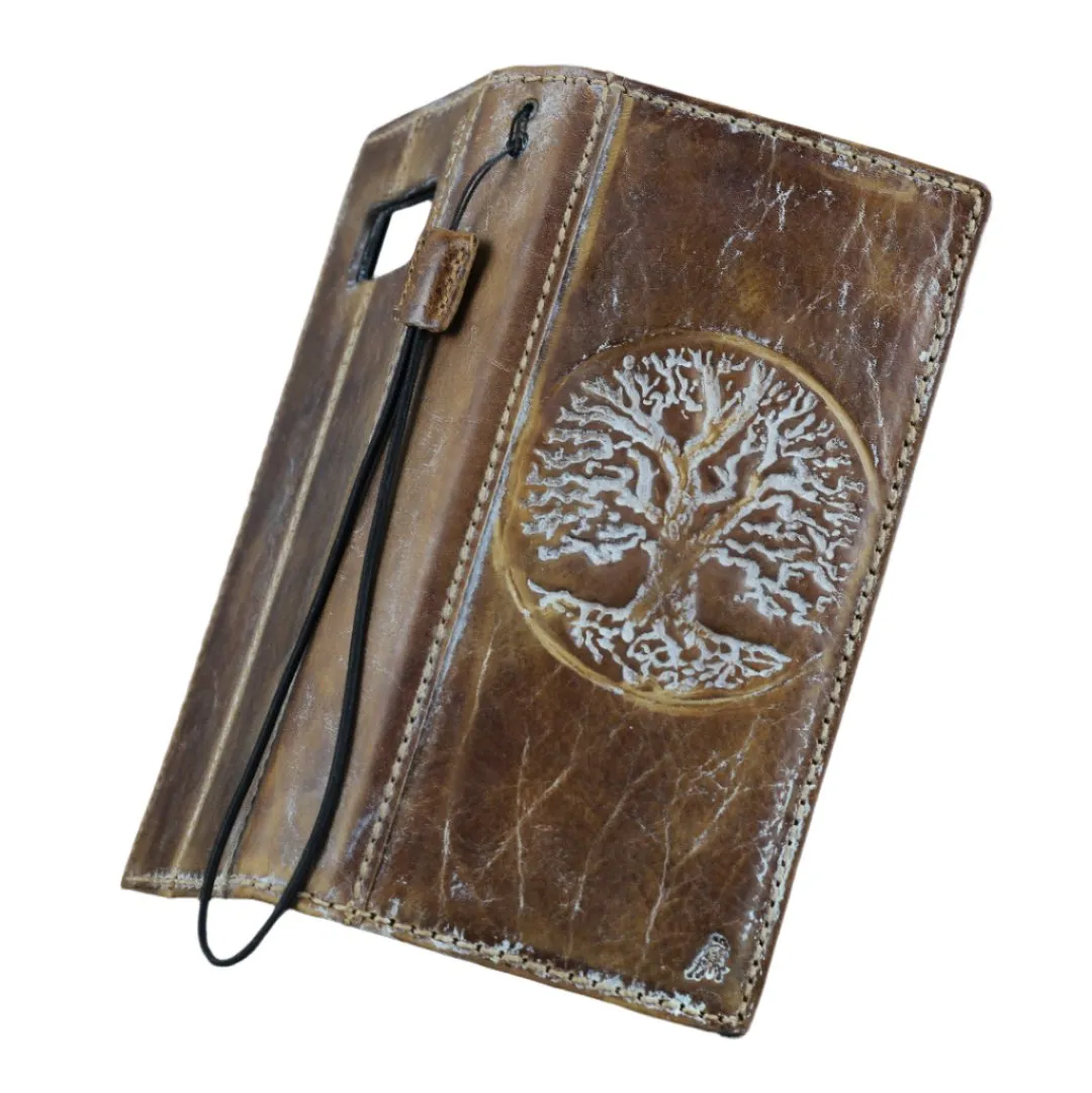ARICHI Vintage Genuine Leather Wallet Case for Samsung Galaxy S20 to S25 Ultra, Note, Z Fold | Handmade Book-Style Cover with White Tree of life Stamping