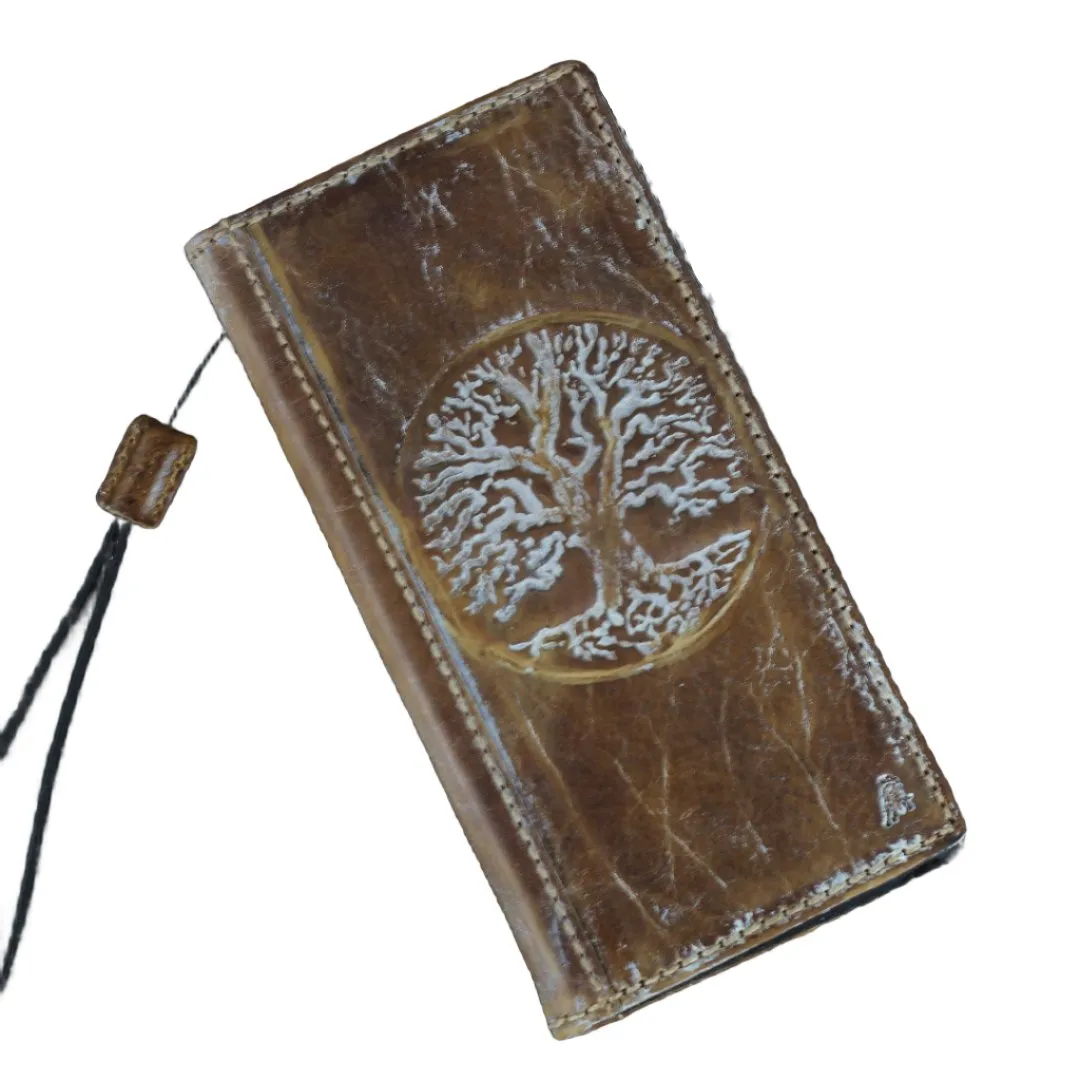 ARICHI Vintage Genuine Leather Wallet Case for Samsung Galaxy S20 to S25 Ultra, Note, Z Fold | Handmade Book-Style Cover with White Tree of life Stamping
