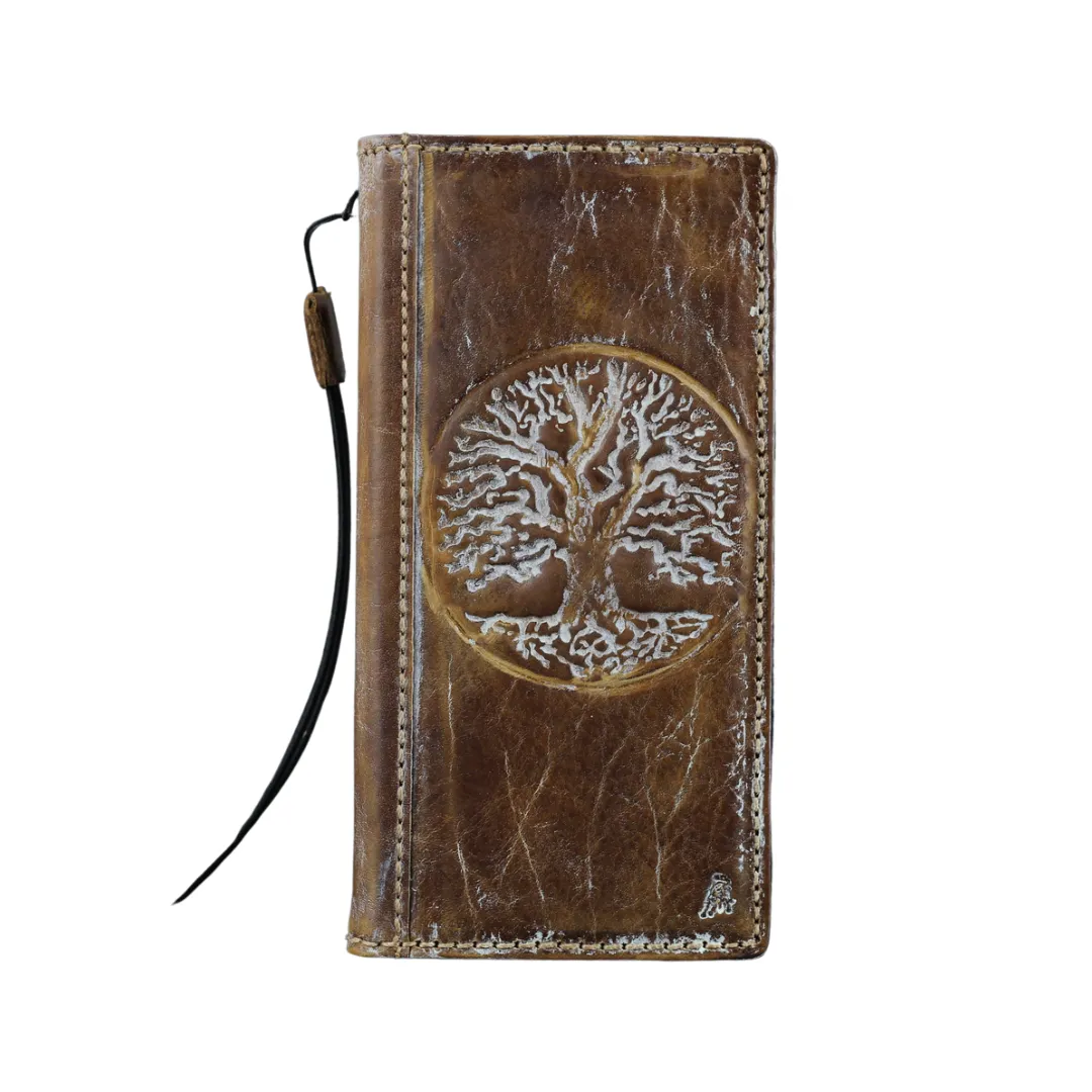 ARICHI Vintage Genuine Leather Wallet Case for Samsung Galaxy S20 to S25 Ultra, Note, Z Fold | Handmade Book-Style Cover with White Tree of life Stamping