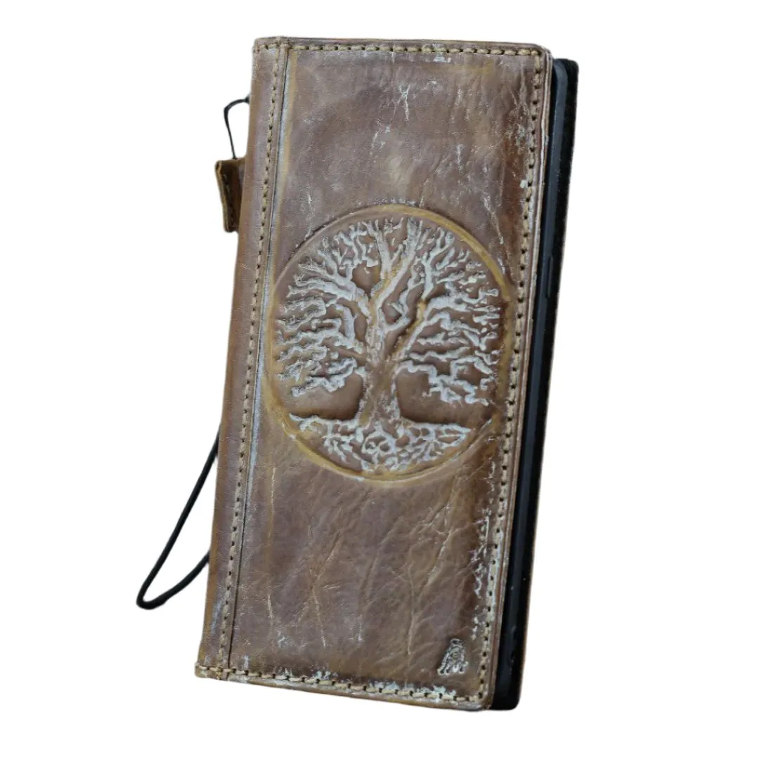 ARICHI Vintage Genuine Leather Wallet Case for Samsung Galaxy S20 to S25 Ultra, Note, Z Fold | Handmade Book-Style Cover with White Tree of life Stamping