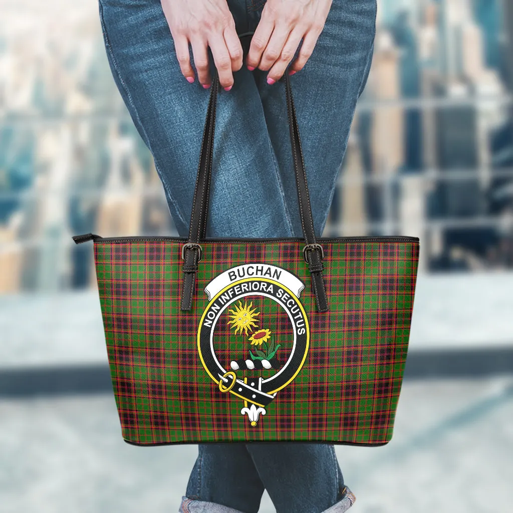 Buchan Tartan Leather Tote Bag with Family Crest