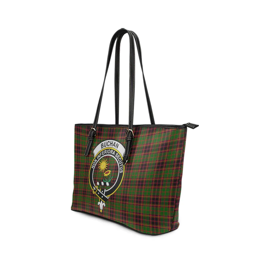 Buchan Tartan Leather Tote Bag with Family Crest