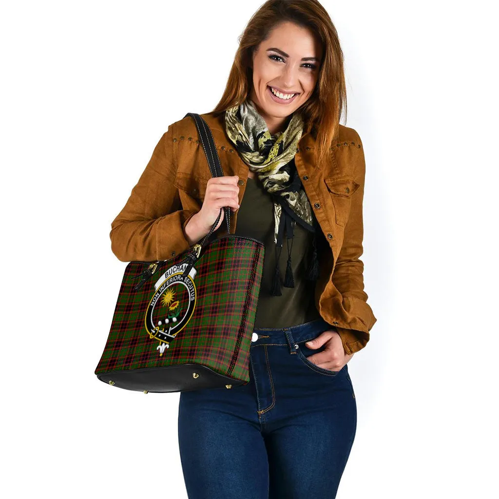 Buchan Tartan Leather Tote Bag with Family Crest