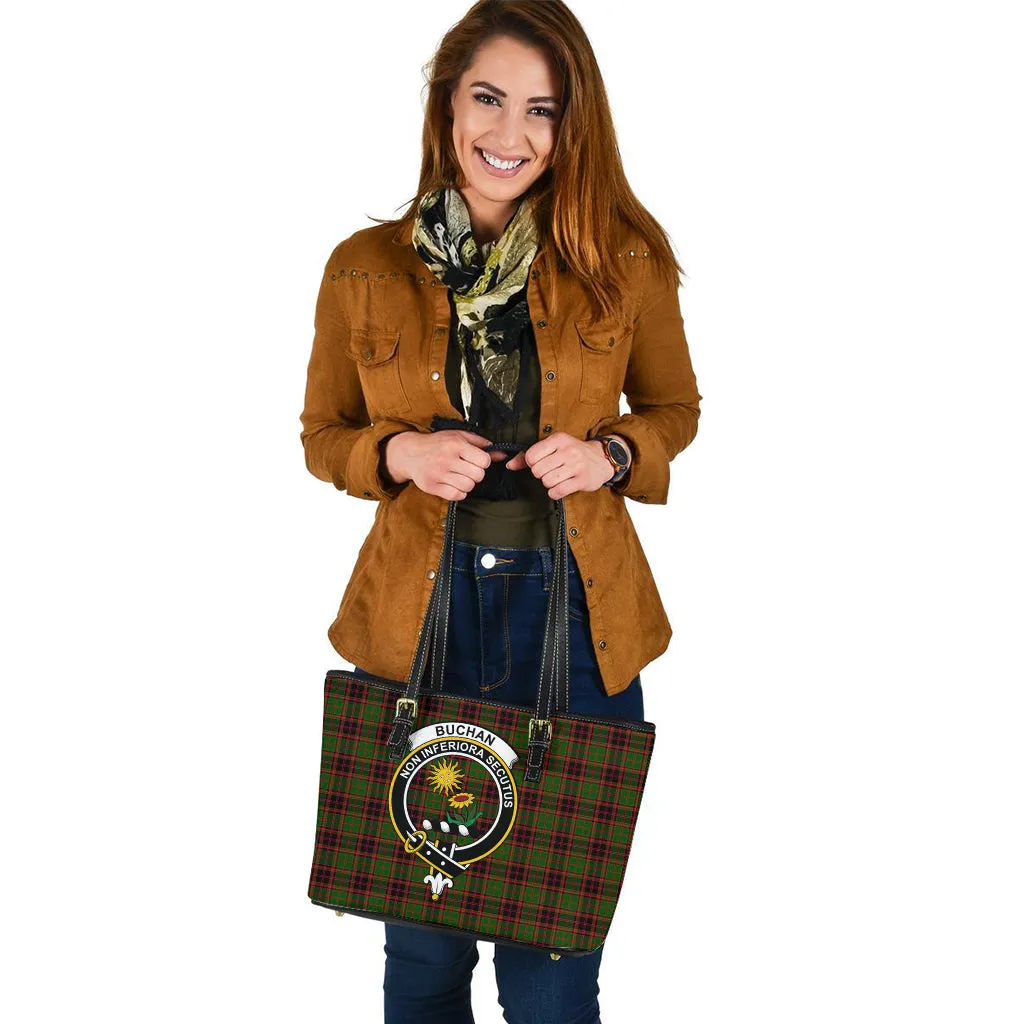 Buchan Tartan Leather Tote Bag with Family Crest