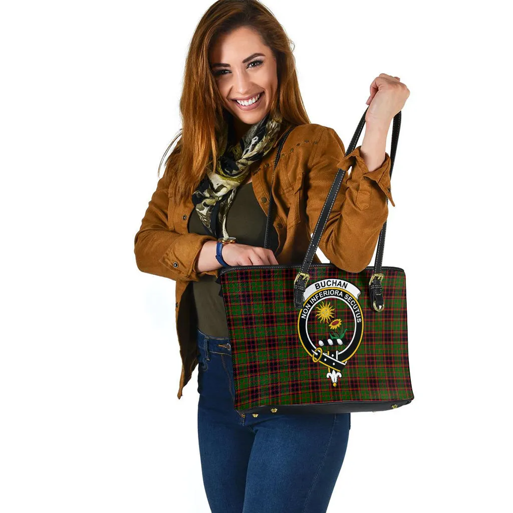 Buchan Tartan Leather Tote Bag with Family Crest