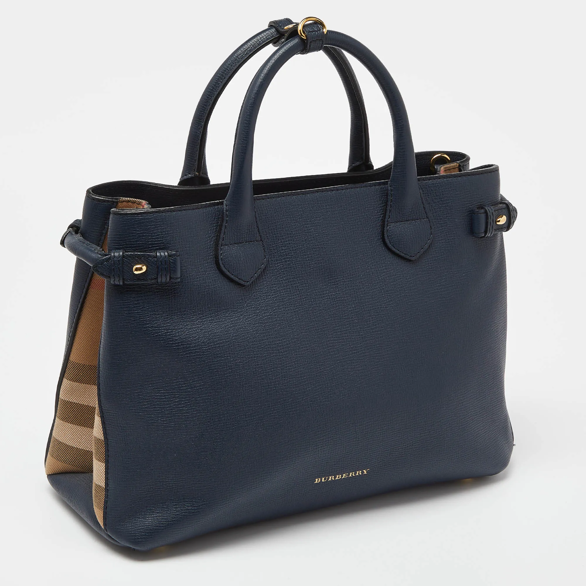 BURBERRY Blue/Beige Leather and House Check Canvas Medium Banner Tote