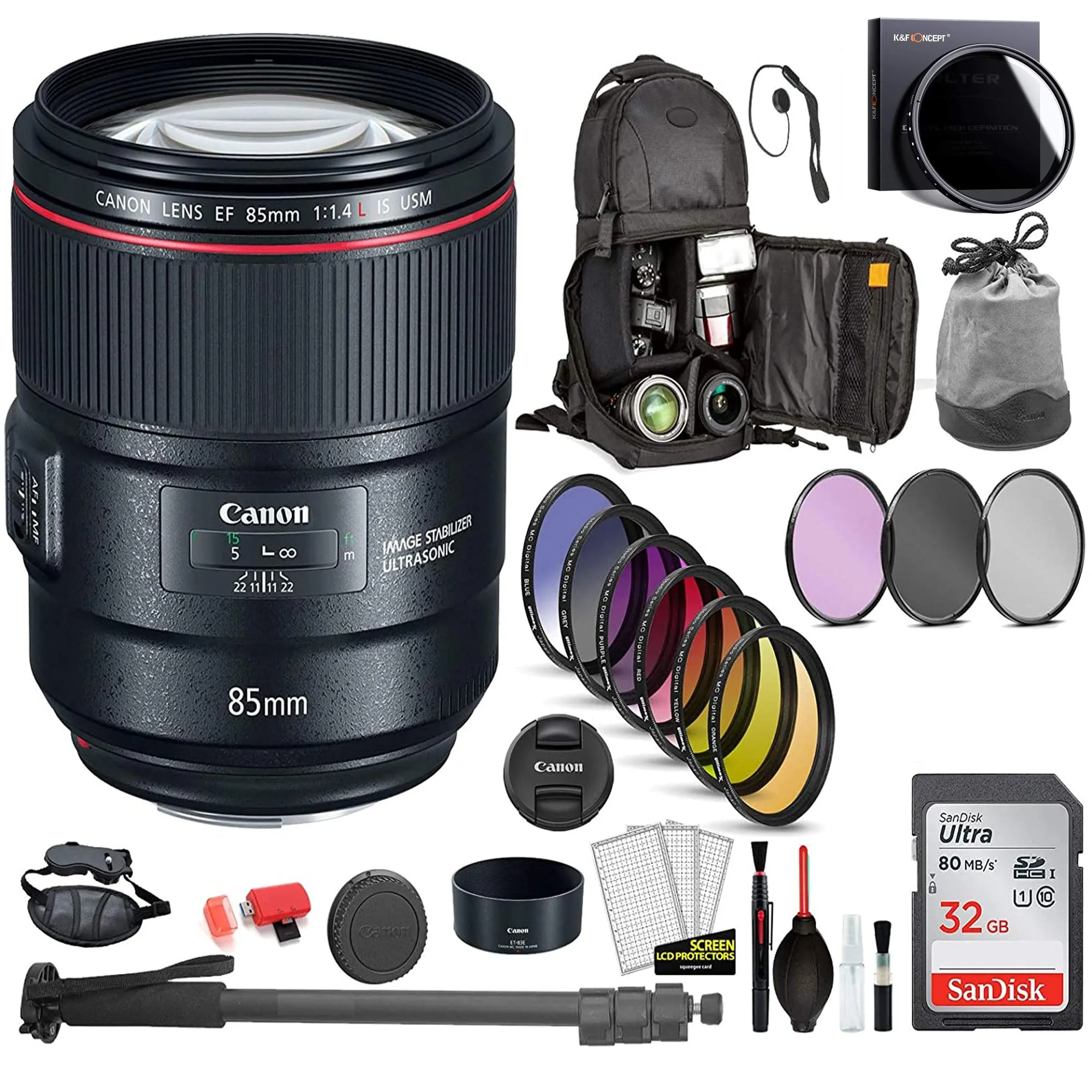 Canon EF 85mm f/1.4L IS USM Lens with Professional Bundle Includes- Backpack, Filter Kit, Sandisk 32GB SD   More