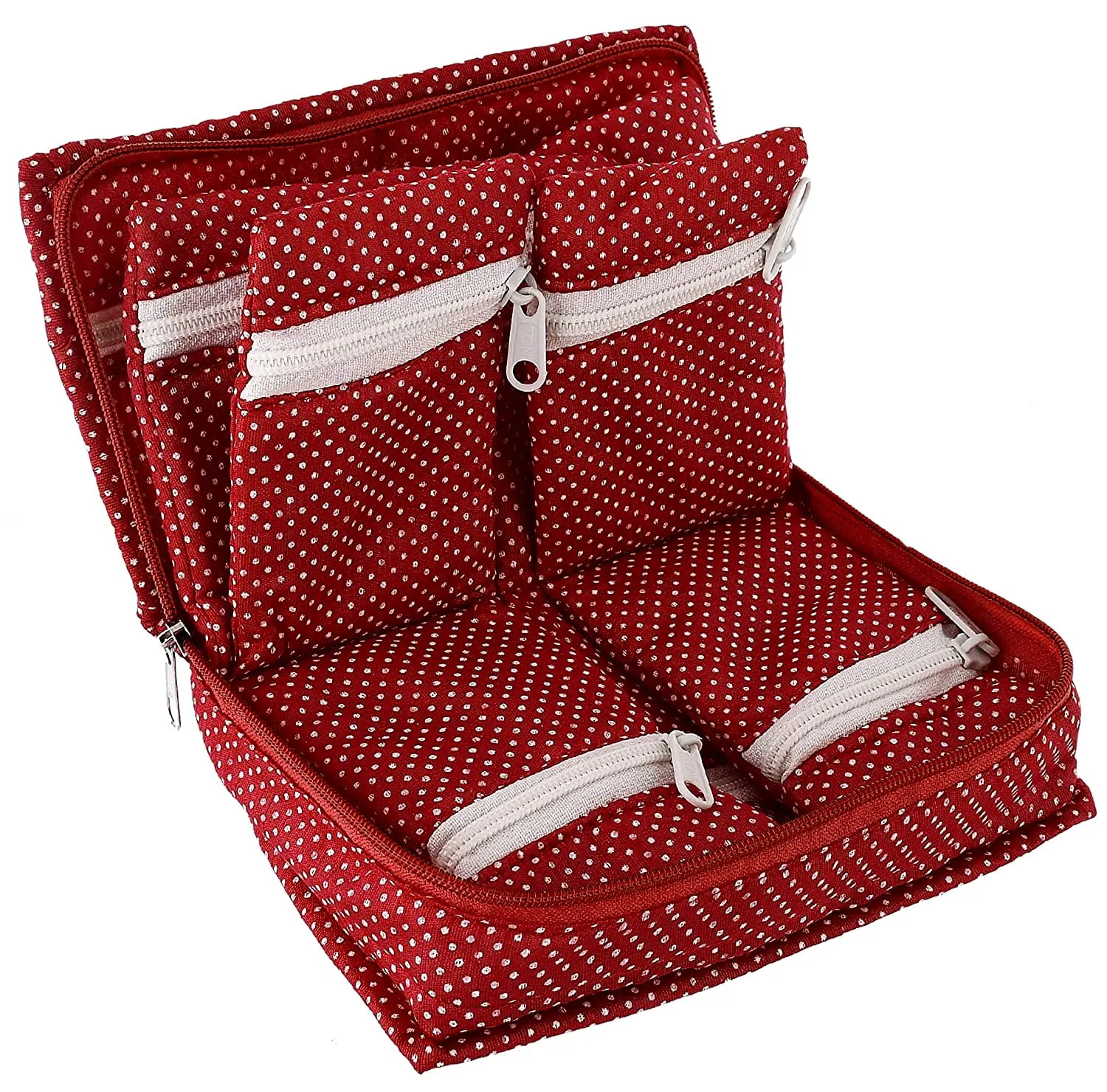 Kuber Industries Dot Printed Portable Jewellery Organizer With 6 Pockets (Maroon)-HS_38_KUBMART21230, Cotton