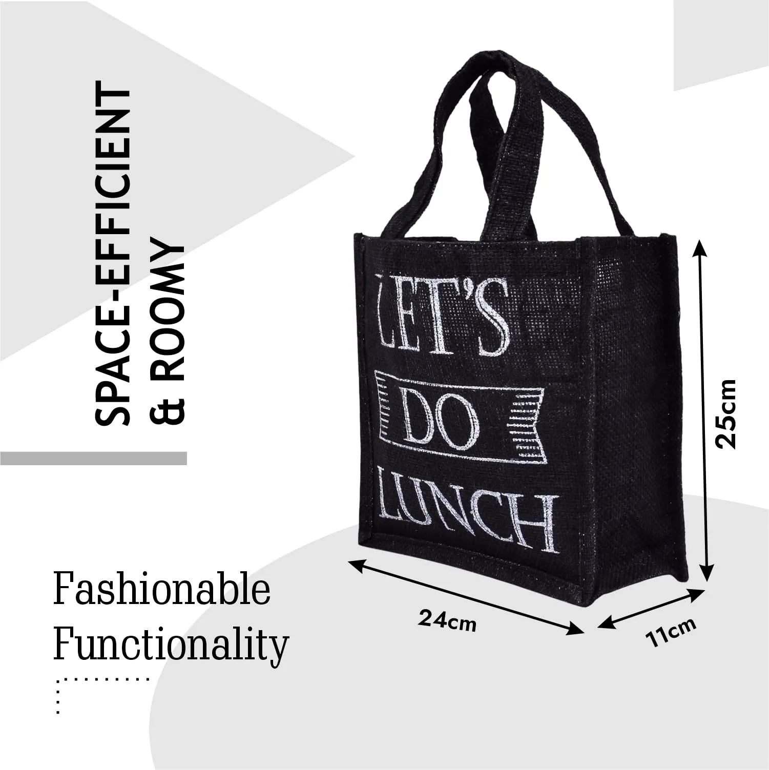 Kuber Industries Lunch Bag | Jute Carry Bag | Lunch Handbag | Lunch Bags for Office | Reusable Lunch Bag with Handle | Tiffin Carry Hand Bag | Lets Do Lunch-Print Lunch Bag | Small | Black