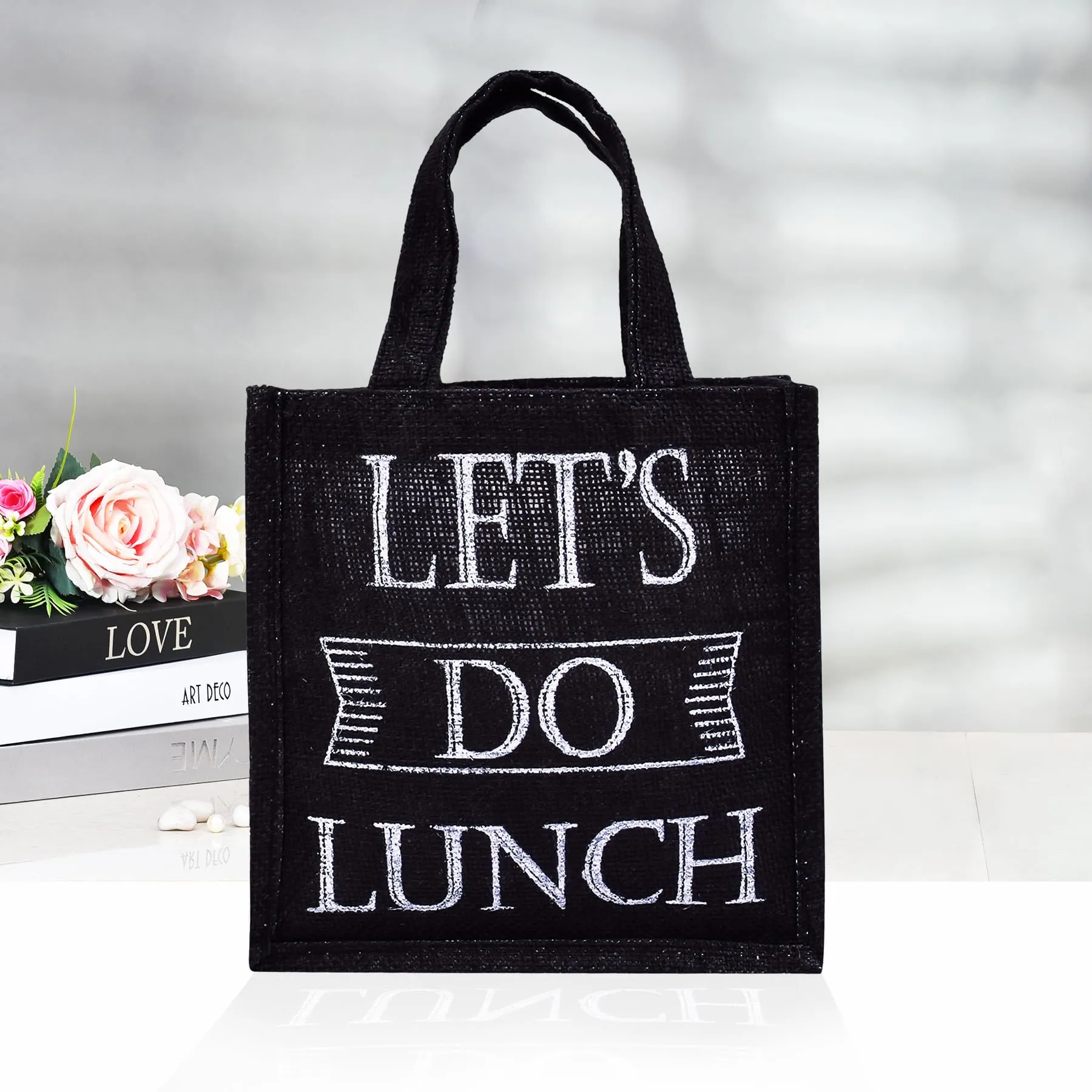 Kuber Industries Lunch Bag | Jute Carry Bag | Lunch Handbag | Lunch Bags for Office | Reusable Lunch Bag with Handle | Tiffin Carry Hand Bag | Lets Do Lunch-Print Lunch Bag | Small | Black