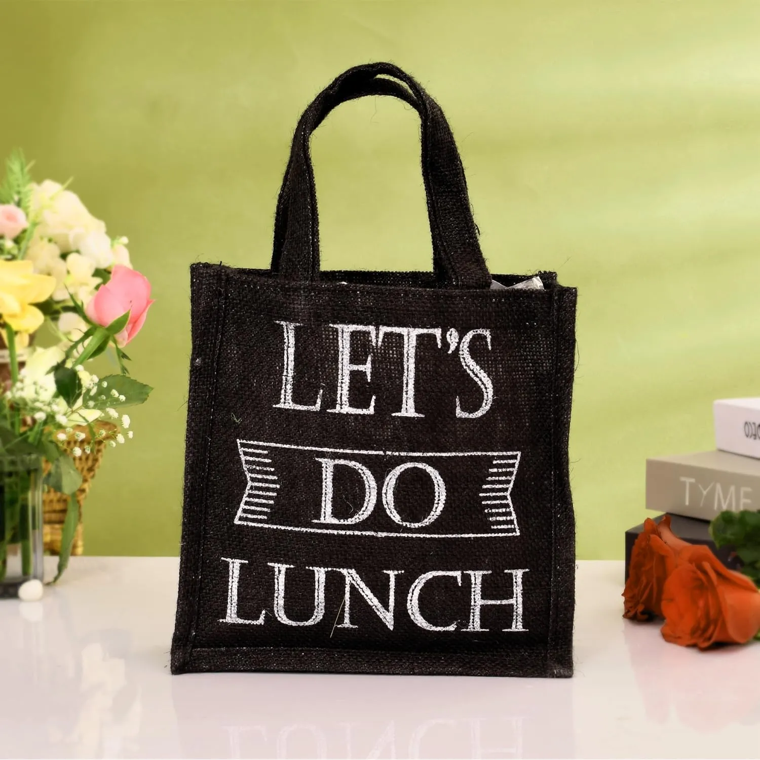 Kuber Industries Lunch Bag | Jute Carry Bag | Lunch Handbag | Lunch Bags for Office | Reusable Lunch Bag with Handle | Tiffin Carry Hand Bag | Lets Do Lunch-Print Lunch Bag | Small | Black