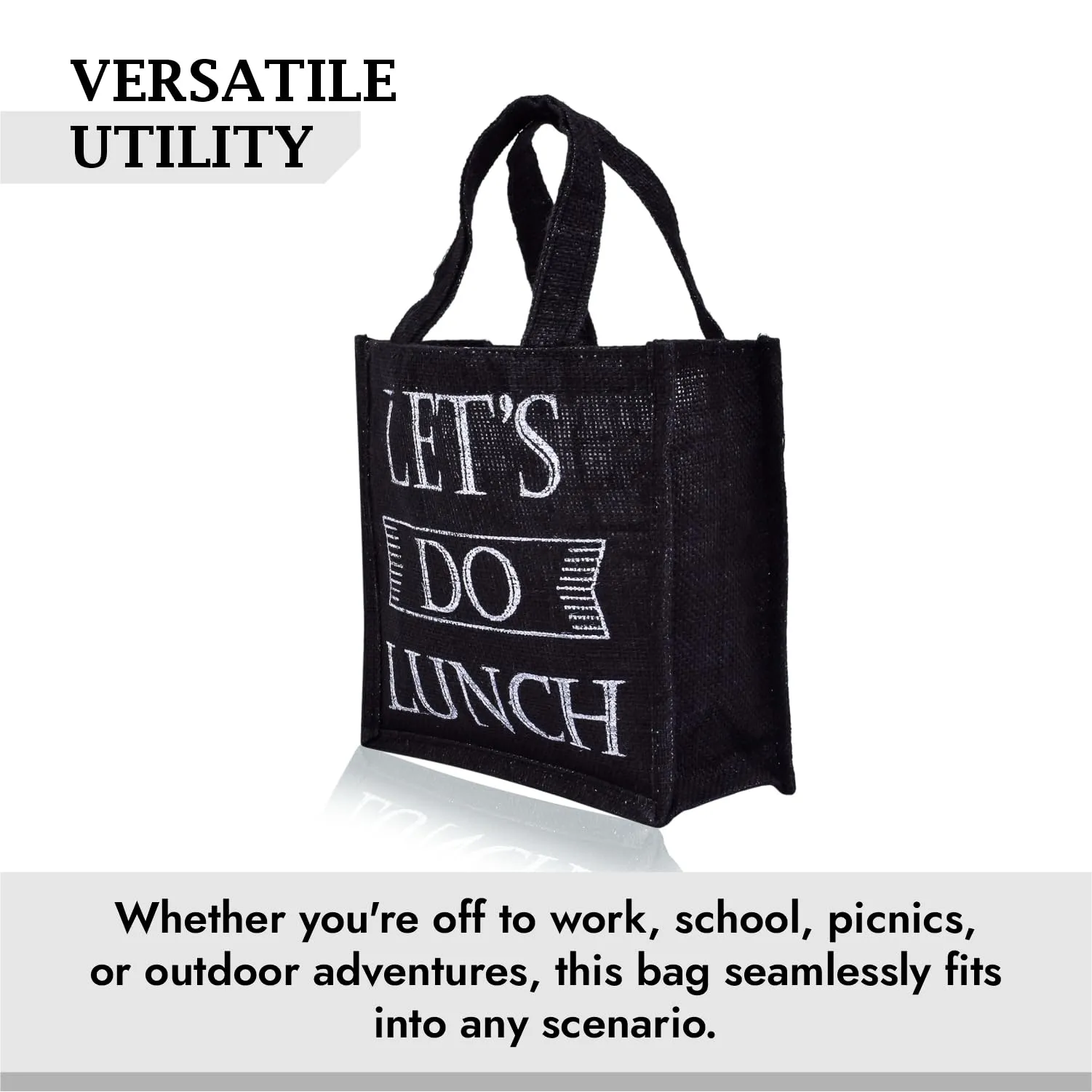 Kuber Industries Lunch Bag | Jute Carry Bag | Lunch Handbag | Lunch Bags for Office | Reusable Lunch Bag with Handle | Tiffin Carry Hand Bag | Lets Do Lunch-Print Lunch Bag | Small | Black