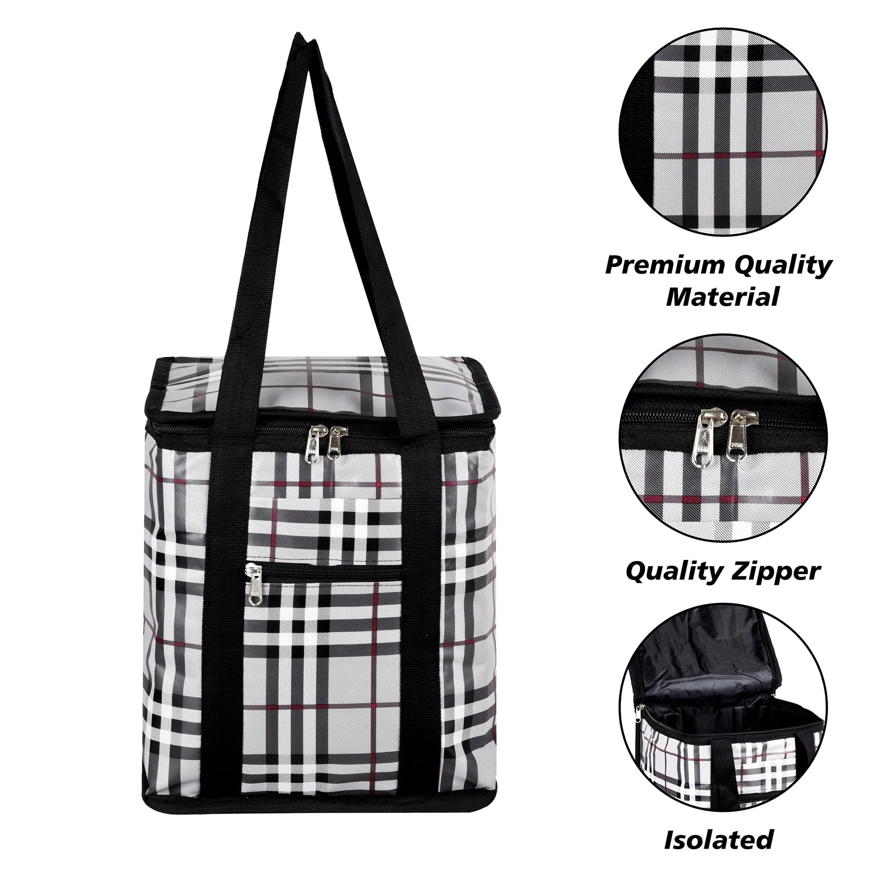 Kuber Industries Lunch Bag | Lunch Bag for Office | Lunch Bag for College | Reusable Lunch Bag | Lunch Bag for Adults | Front Pocket Lunch Bag | Check Lunch Bag | Gray