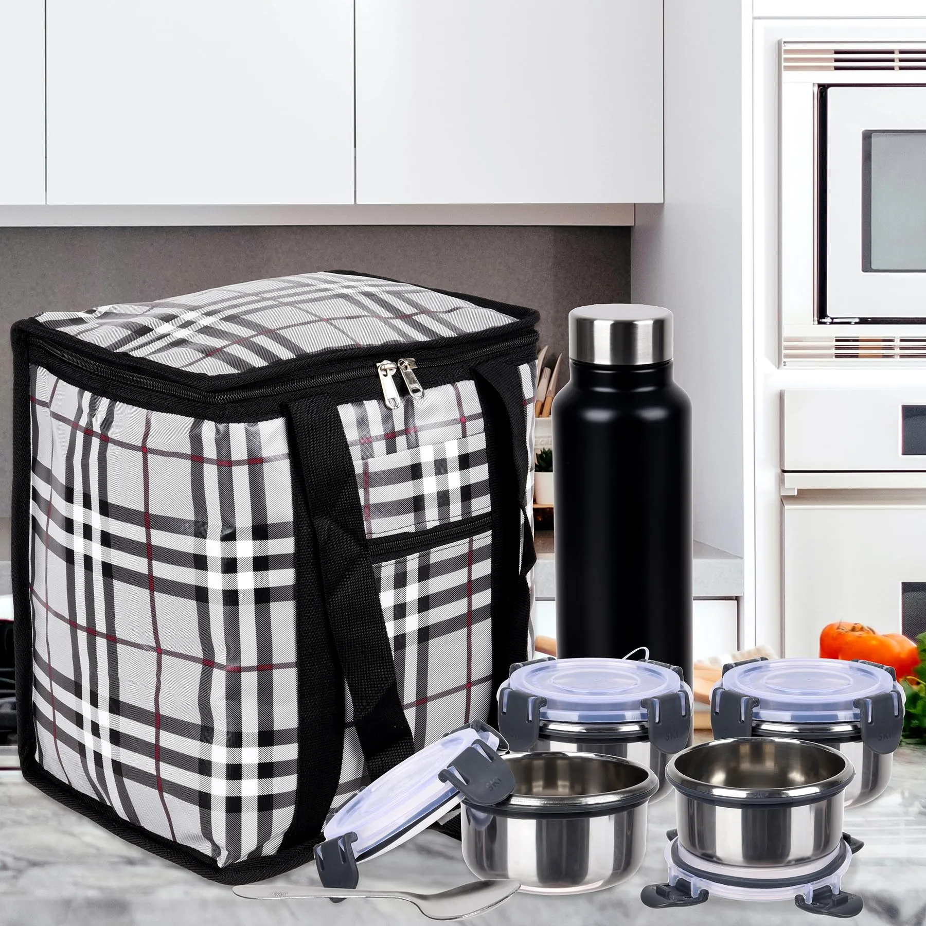 Kuber Industries Lunch Bag | Lunch Bag for Office | Lunch Bag for College | Reusable Lunch Bag | Lunch Bag for Adults | Front Pocket Lunch Bag | Check Lunch Bag | Gray