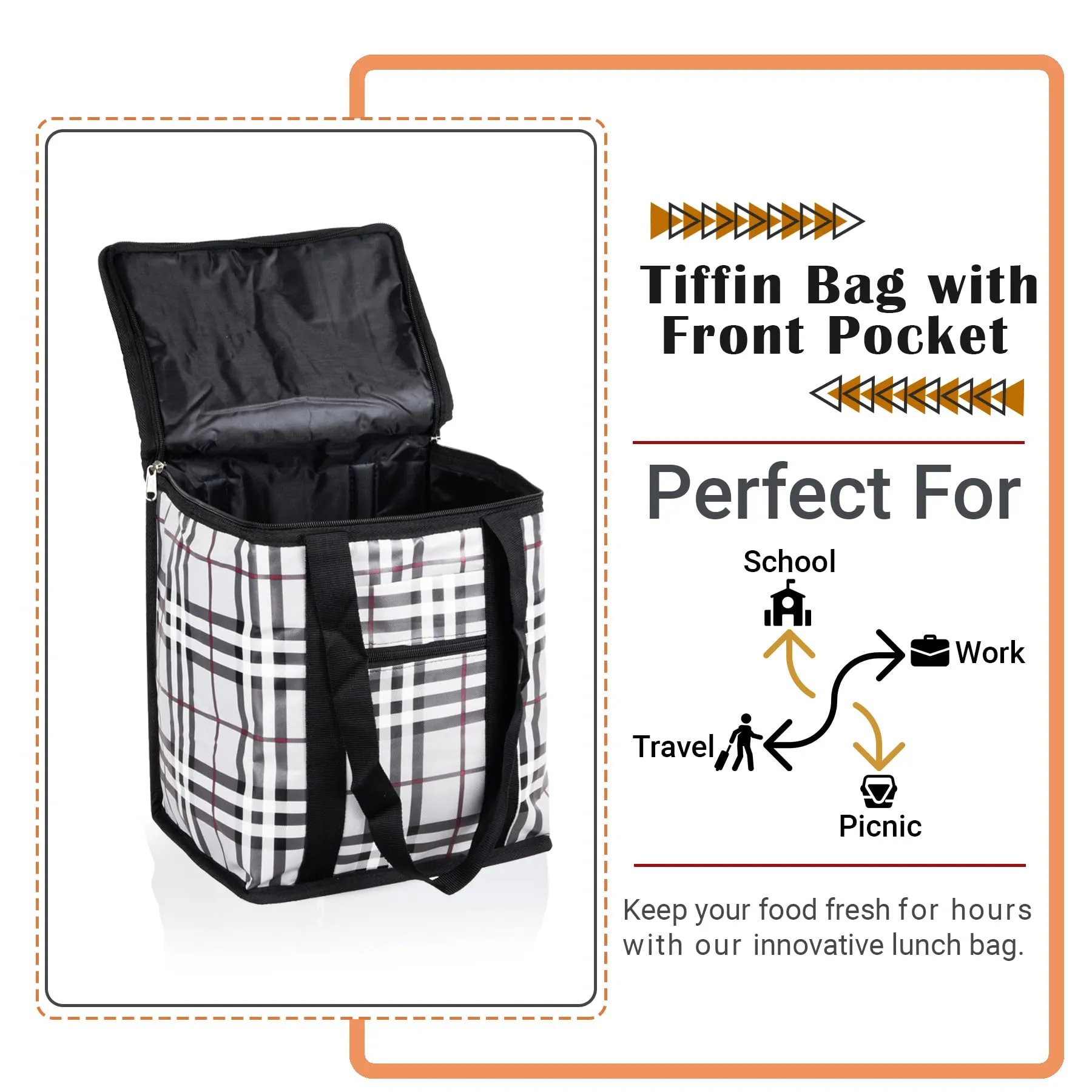 Kuber Industries Lunch Bag | Lunch Bag for Office | Lunch Bag for College | Reusable Lunch Bag | Lunch Bag for Adults | Front Pocket Lunch Bag | Check Lunch Bag | Gray