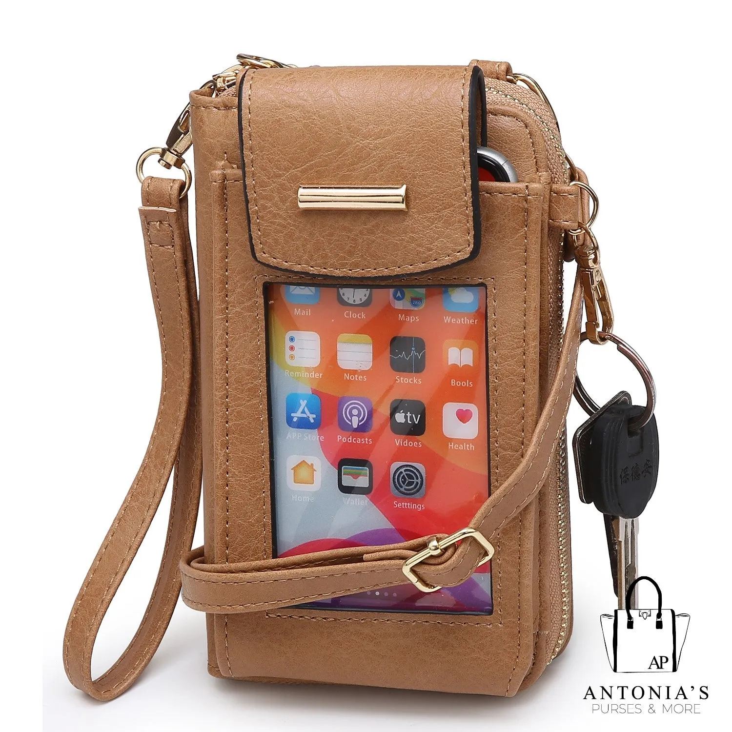Luxie Collection Fashion Crossbody See Thru Window Cell Phone Purse Wallet/Wristlet-Tan