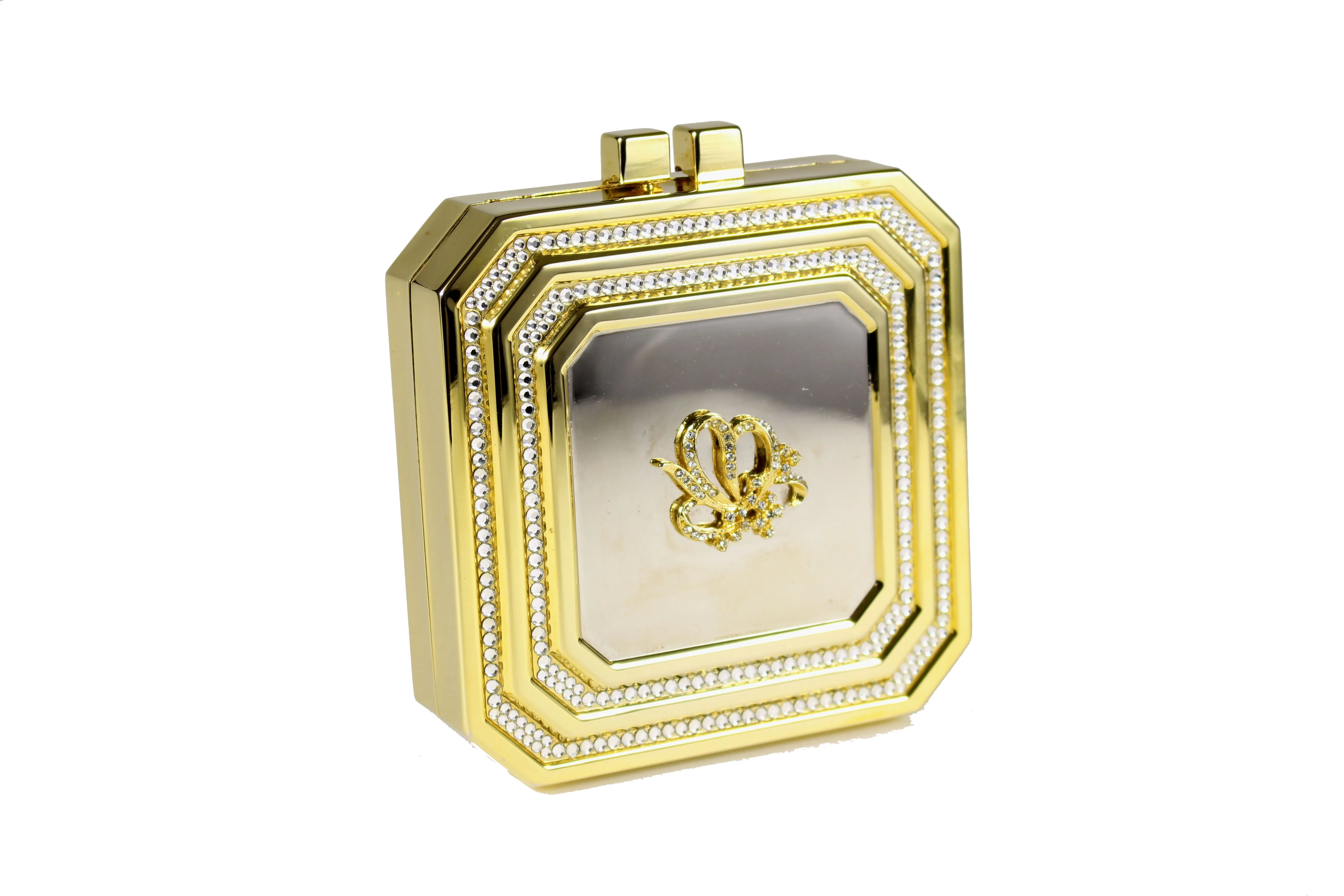 Square gold metal clutch with strass