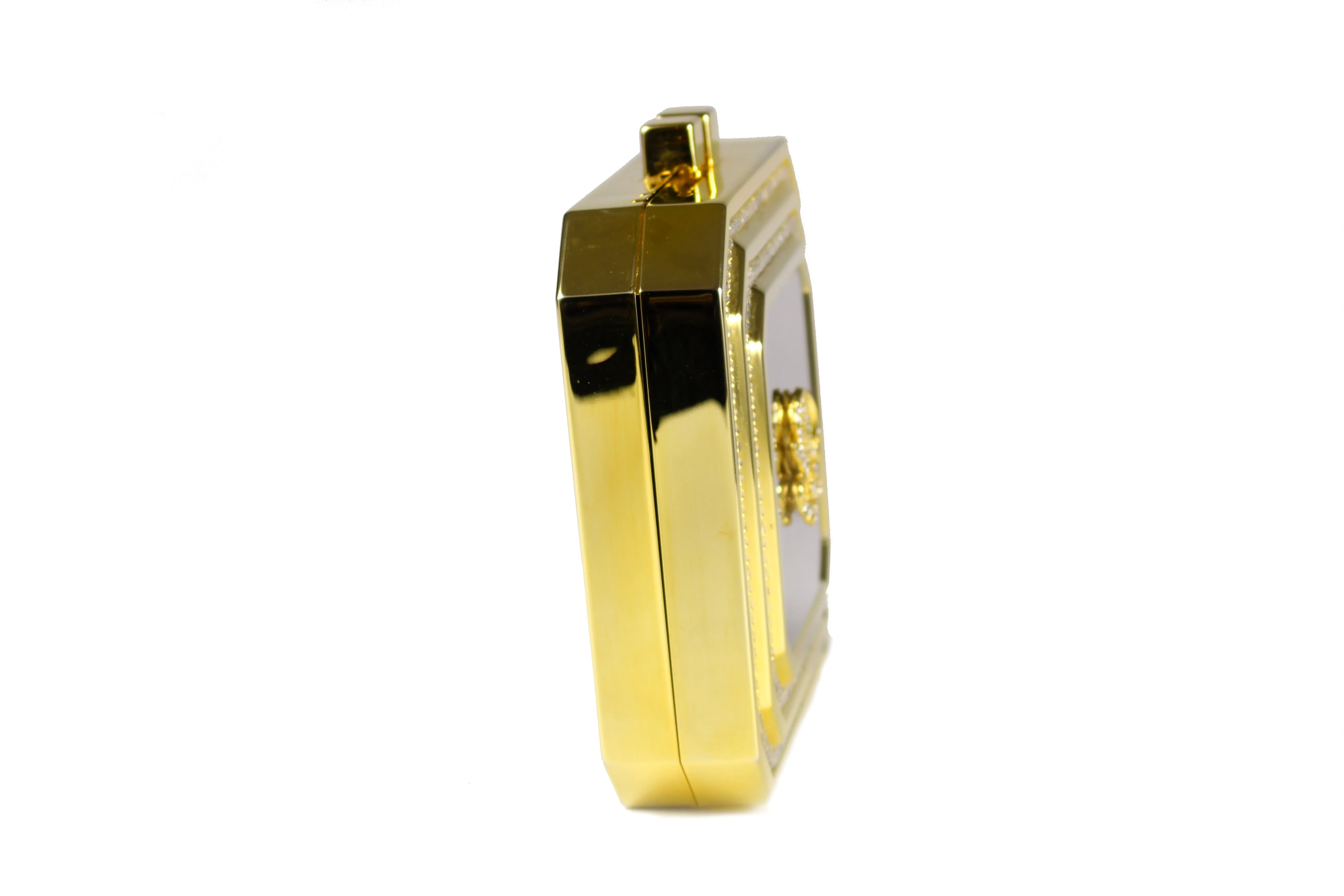 Square gold metal clutch with strass