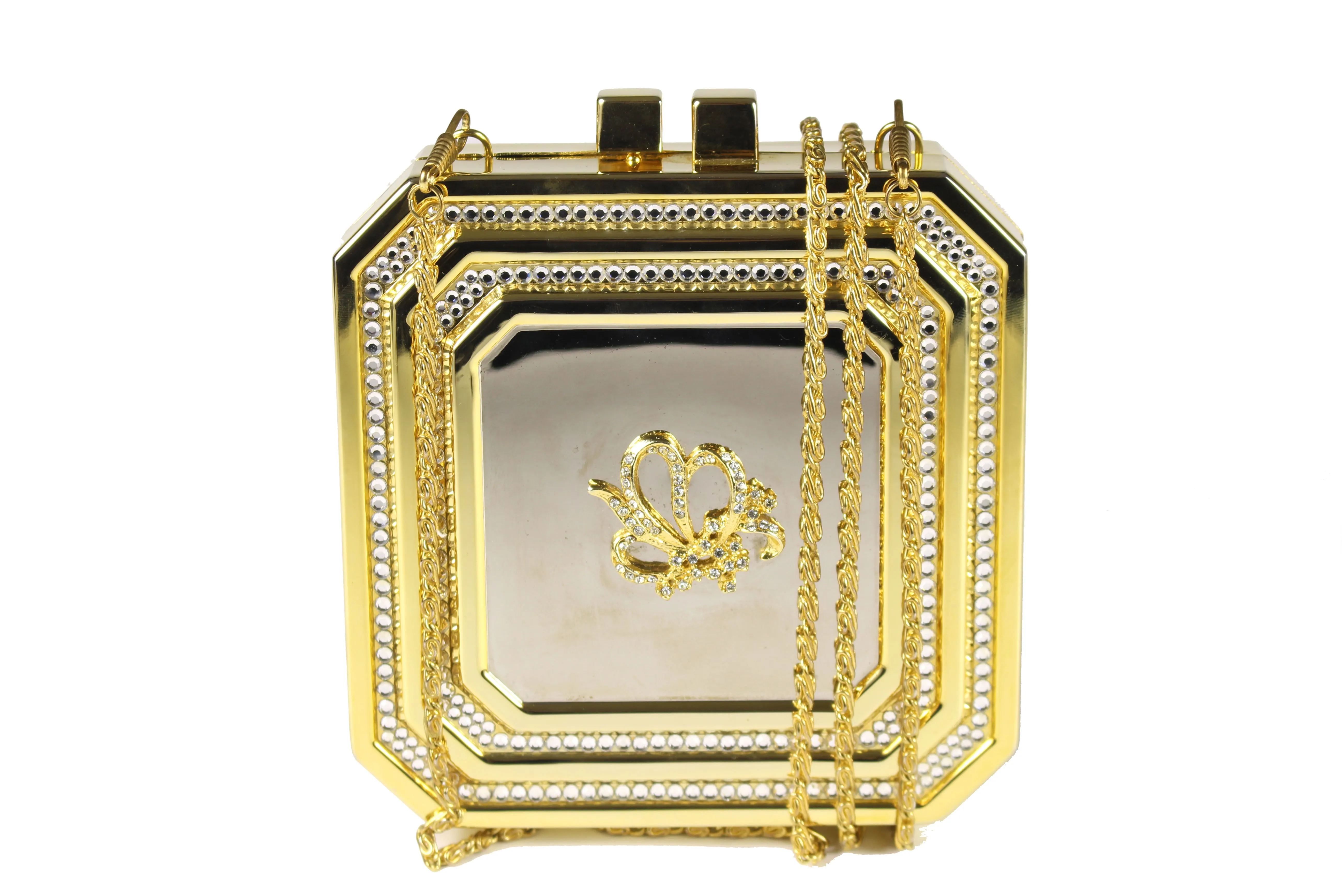 Square gold metal clutch with strass