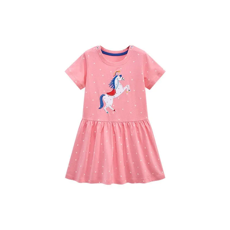 Toddler/Kid Girl's Short Sleeve Stars and Unicorn Design Pink Dress