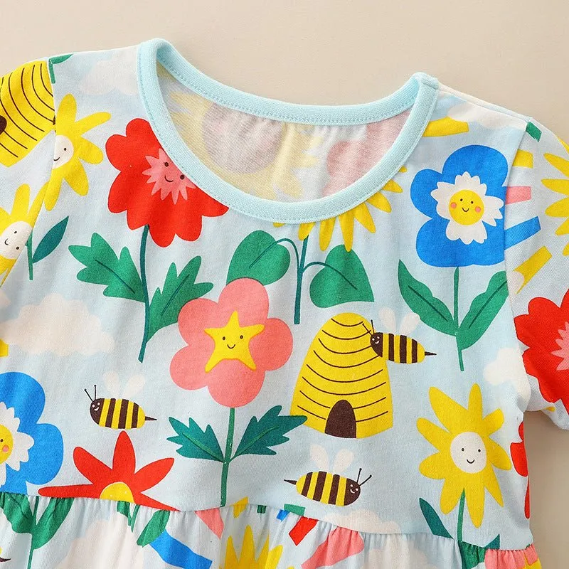 Toddler/Kid Girl's Short Sleeve Sunflower and Bee Print Design Dress