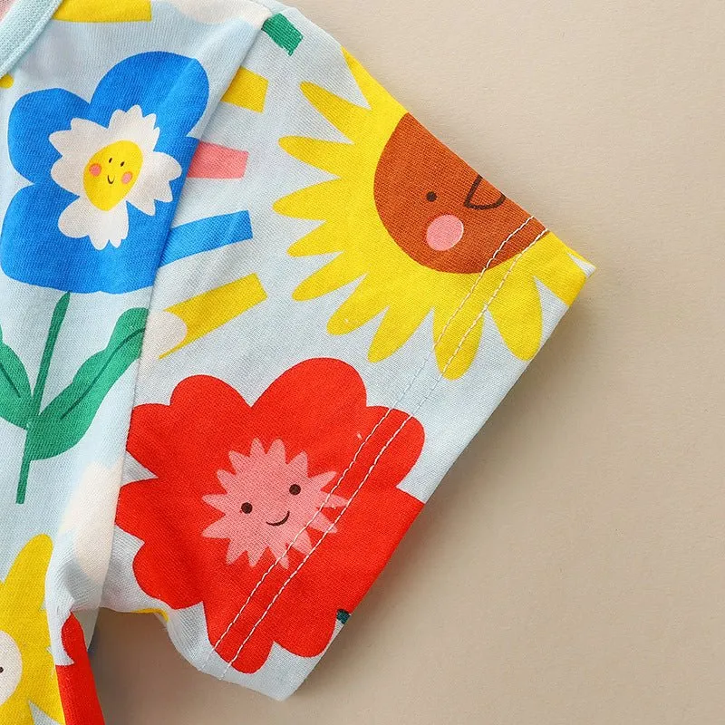 Toddler/Kid Girl's Short Sleeve Sunflower and Bee Print Design Dress
