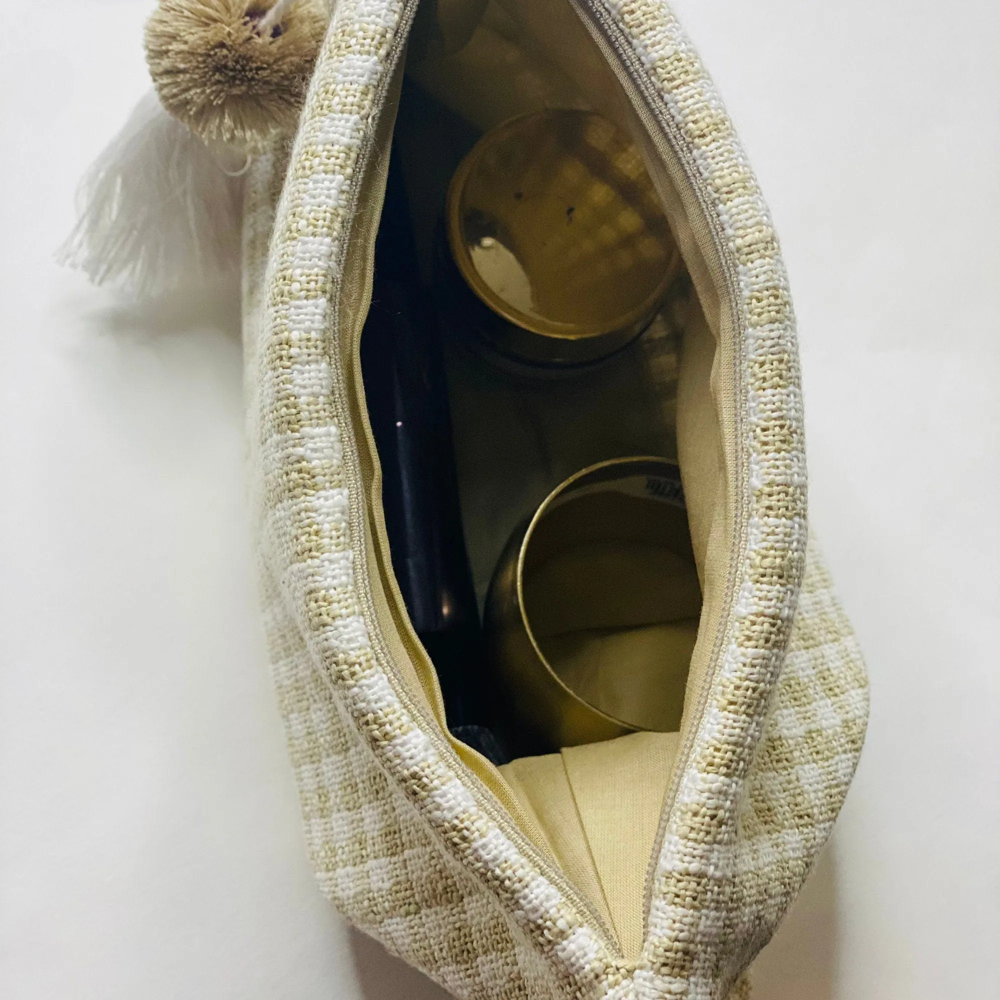 Unique Boho Make Up Bag, Linen Toiletry Bag, Beige and White Cosmetic Bag, Unique Gift Women. Bridesmaid Gift, Zipper Pouch