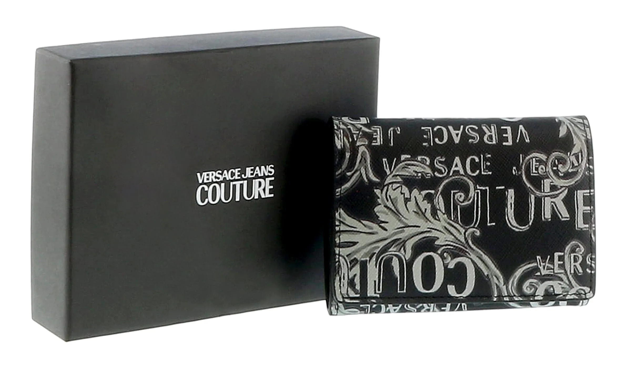 Versace Jeans Couture Black White Baroque Print Compact Snap On ID Hoder Wallet