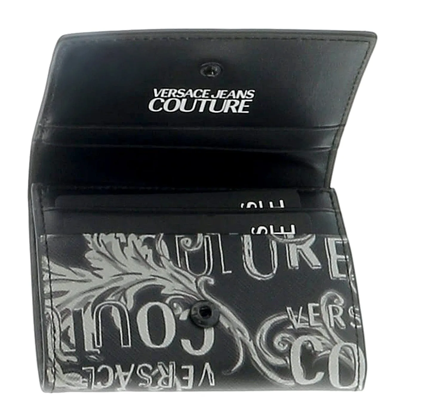 Versace Jeans Couture Black White Baroque Print Compact Snap On ID Hoder Wallet