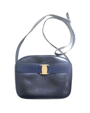 Vintage Salvatore Ferragamo dark navy leather shoulder bag with golden logo embossed motif from vara collection. Classic purse. 050406r7